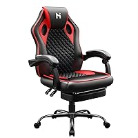 HLONONE Gaming Chair, Ergonomic Desk Chair, Height-Adjustable Office Chair with Footstool, PC Chair with Armrests, Tilt Angle from 90-135°, Gamer Chair up to 150 kg, Black/Red