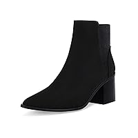 Coutgo Womens Pointed Toe Ankle Boots Elastic Chunky Block Stacked Mid Heel Slip On Chelsea Booties
