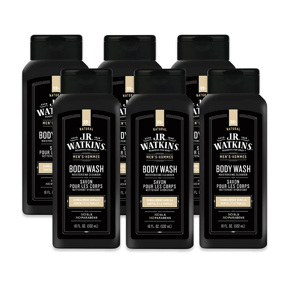 J.R. Watkins Natural Daily Moisturizing Body Wash, Hydrating Shower Gel for Men and Women, Free of SLS, USA Made and Cruelty Free, Sandalwood Vanilla, 18 fl oz, 6 Pack