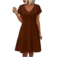 2024 Women's Solid Casual Dresses Ruffle Cap Sleeve V-Neck Mini Summer Loose Fit Tunic A-Line Dress with Pockets