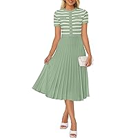 ZESICA Women's Casual Striped Midi Dress Crewneck Short Sleeve Button Ribbed Knit Swing Pleated A Line Dresses