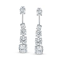 Created Round Cut White Diamond In 925 Sterling Silver 14K White Gold Finish Drop Back Front Jacket Long Stud Earring for Women's & Girl's