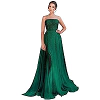 Sequin Strapless Bridesmaid Dresses Long Tulle Prom Dresses for Women Ball Gowns with Split
