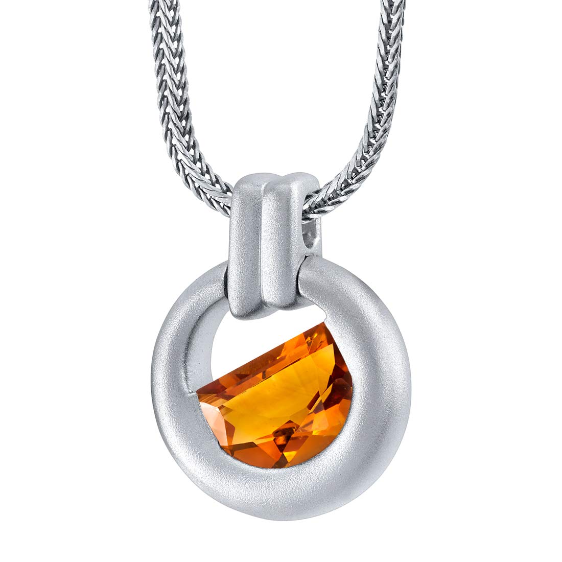 Peora Citrine Amulet Pendant Necklace for Men in Sterling Silver, 3 Carats Half Moon Shape, Brushed Finished, with 22-Inch Italian Chain