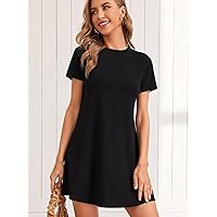 Dresses for Women Solid Round Neck Tee Dress (Color : Black, Size : Medium)