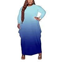 Fooullaide Women's Plus Size Maxi Dress Print Loose Oversize Long Sleeve Baggy Tshirt Casual Tunic Dresses with Pocket