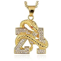 Memorial Legend Basketball Pendant Necklace,Stainless Steel Number Charm for Men Boys,Snake Coiled CZ No.24 Chunky Chain 18K Gold Plated Silver Necklace Punk Cool Choker Hip Hop Jewelry