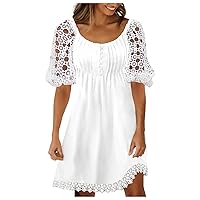 White Boho Dress for Women 2024 Floral Hollow Out Puff Sleeve Swing Mini Dresses Crew Neck Button-up Pleated Casual Dress