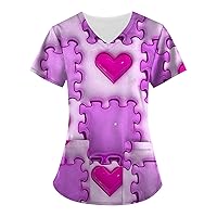 Valentines Day Scrubs for Women Set Heart Print Short Sleeve Stretchy V-Neck Plus Size Tops for Women S-5xl