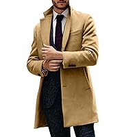 Mens Wool Blend Trench Coat Mid-Length Notched Collar Long Top Pea Coats Business Single Breasted Jacket Overcoat