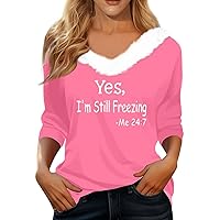 Long Sleeve Shirts for Women Christmas Fur Collar Cute Printed Y2k Top Trendy Festival Sexy Vacation Blouses