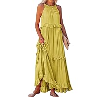 Womens Summer Maxi Dress Halter Sleeveless Tiered Beach Dresses Casual Loose Swing Boho Smocked Ruffle Sundress