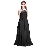 iiniim Kids Big Girl's Chiffon Halter-Neck Lace Junior Bridesmaid Wedding Flower Girl Dress Party Prom Long Maxi Gowns