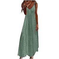 Women Strap Summer Dress Eyelet V Neck Spaghetti Strap Midi Dresses Casual Solid A-Line Flowy Sundress Beach Dress