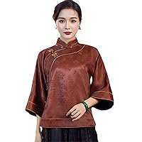 Cheongsam Women's Tops Spring Silk Satin Fabric Splicing Jacquard Stand Collar Chinese Style Shirts Women