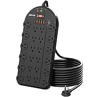 Power Strip Surge Protector with 24 AC Outlets (1875W/15A), 6 USBs (2 USB-C Ports), 3400J Surge Protection, 8FT Long Flat Plug Extension Cord, Wall Mountable for Gaming, Office, Home, Black