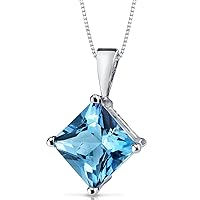 PEORA Solid 14K White Gold Swiss Blue Topaz Pendant for Women, Genuine Gemstone Birthstone Solitaire, Princess Cut, 8mm, 3 Carats total