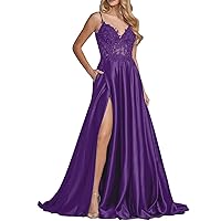 Women's Elegant Prom Dresses Sweep Train Satin A-Line Side Slit Formal Dress