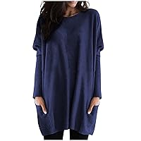Women's Long Sleeve Undershirt Fashion Casual Solid Color Pockets Loose Cotton Tops and Blouses, S-5XL