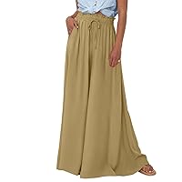 Wide Leg Women Pants Lightweiht Waist Adjustable Drawstring Summer Boho Flowy Palazzo Pants Beach Pants with Pockets