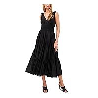 Vince Camuto Womens Black Smocked Pullover Tie Straps Tiered Lined Sleeveless V Neck Midi Fit + Flare Dress XL