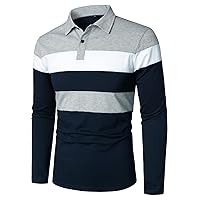 HOOD CREW Men’s Long Sleeve Shirts Fashion Color Block Striped Polo Shirt