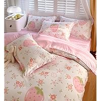 Strawberry Pink & Green Floral Bedding Sets Cute Patterns Duvet Cover for Kids Girls 3 Piece Rabbit Strawberries & Flowers Comforter Cover (Full)