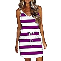 Beach Tunic Dress Women Casual Solid Color Tank Dress Sleeveless Boho Pockets Spaghetti Straps Dresses with Drawstring