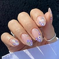 Medium Press on Nails with Flower Design, Press On Nails Almond, Short Fake Nails Purple Flowers with Nail Glue, Fit Perfectly & Natural Reusable Stick on Nails for Women Girls 24pcs