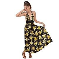 CowCow Womens Bee Honeycombs Honey Insect Honeybe Backless V Neck Maxi Dress, XS-3XL