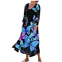 Summer Dresses for Women 2024 Plus Size Crew Neck Casual Cute 3/4 Sleeve Baggy Flower Plus Size Dress for Women