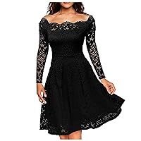 Summer Dress for Women,Elegant Formal Lace Midi Dress Wedding Guest Dress Sexy Tight Off Shoulder Dress Long Sleeve Plus Size Casual Flowy Dress for Party Evening Dinner Black L