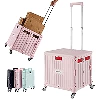 Folding Utility Cart Portable Rolling Crate Handcart Shopping Trolley Collapsible Tool Box, with Lid, Basket on 4 Rotate Wheels, for Grocery, Shopping, Office, Storage, Teacher (Pink)