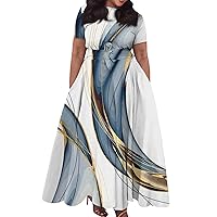 Plus Size Maxi Dress for Women Casual Crew Neck Short Sleeve Dress Elegant Solid/Print Flowy Dress with Belt XL-5XL