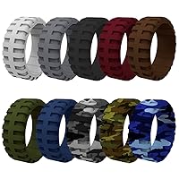 Mens 9mm Wide Tire Pattern Silicone Wedding Band 10pcs set Black Brown Camo Blue Rubber Rings - US Size 7-14