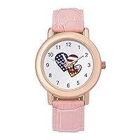 Interlocking Hearts American Maryland Flag Fashion Leather Strap Women's Watches Easy Read Quartz Wrist Watch Gift for Ladies