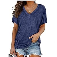 Women's Casual Summer T Shirts Short Sleeve V Neck Tops Trendy Summer Fashion 2024 Tees Side Shirred Ruched Shirts