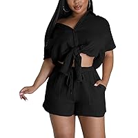 Kissonic Women's 2 Piece Summer Outfits Short Sleeve Button Down Shirt Top High Waist Shorts Lounge Sets Track Suits