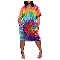 Women Plus Size Dresses Summer Short Sleeve Color Splicing Pattern Print T-Shirt Swing Oversized Dress with Pockets