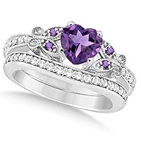 Allurez Preset Butterfly Amethyst and Diamond Engagement Ring and Band Bridal Set 14k White Gold 1.55ctw