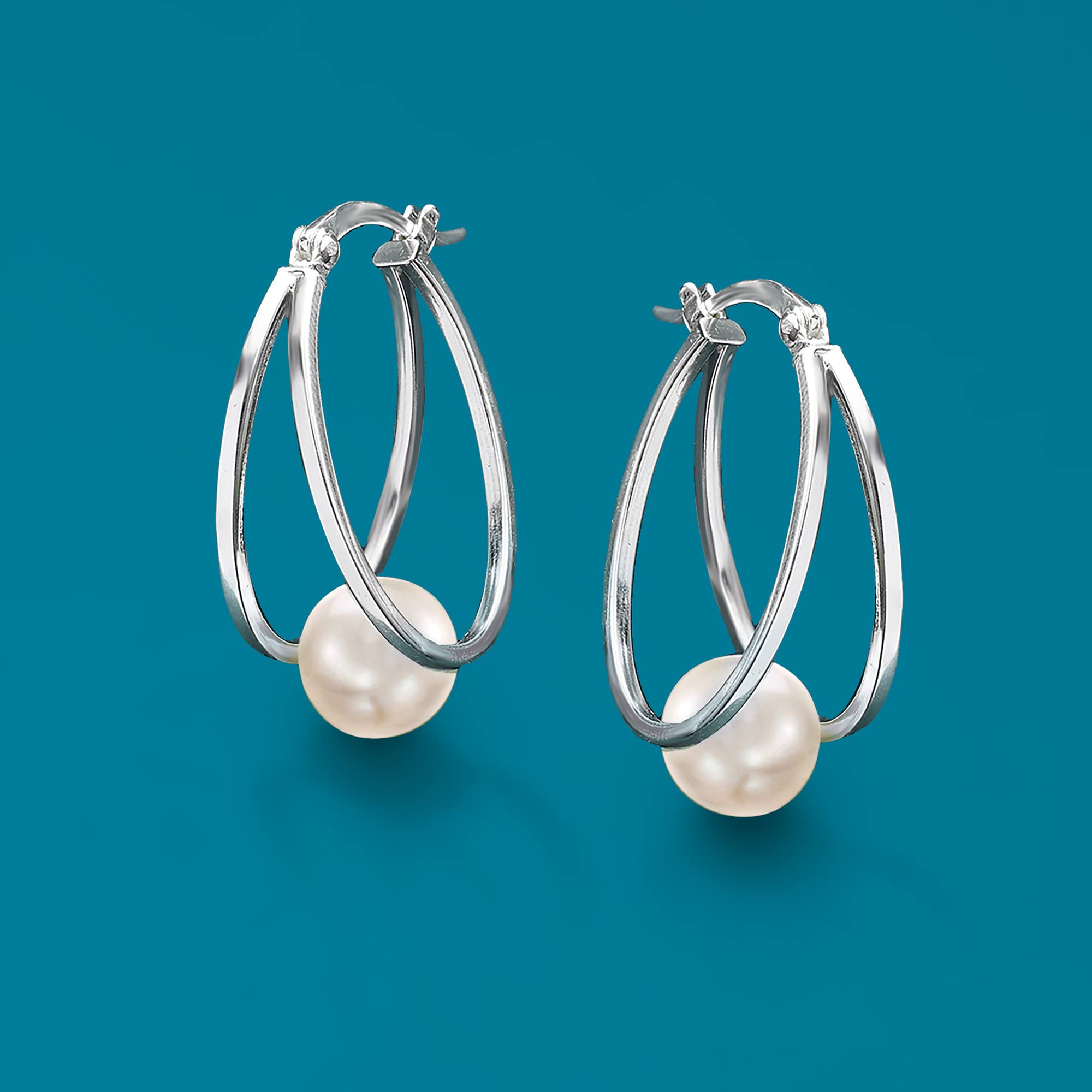 Ross-Simons Pearl Double Hoop Earrings in Sterling Silver