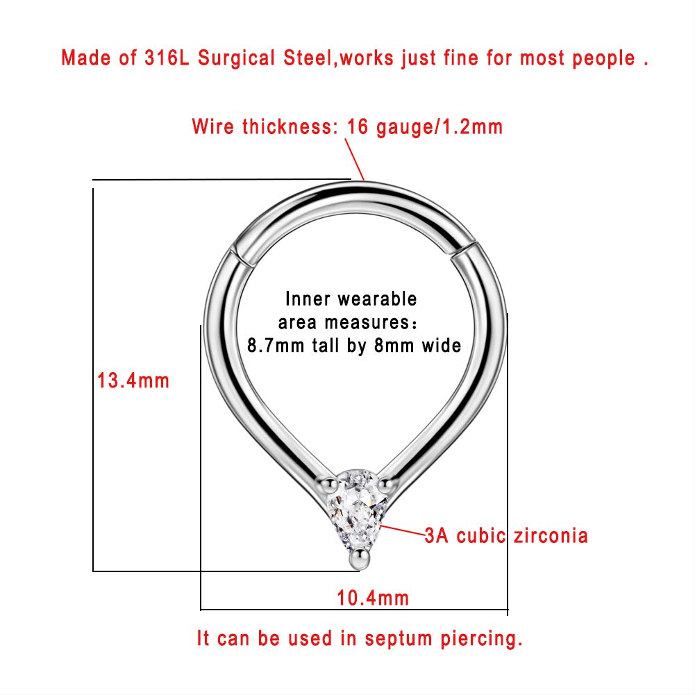 FANSING 16g 8mm Surgical Steel Teardrop Septum Piercing Rings for Women