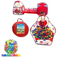 Playz 5pc Kids Play Tent, Ball Pit with Basketball Hoop and 50 Multicolored Pit Balls Babies, Kids, Girls & Boys Indoor and Outdoor Pop Up Playhouse Bundle with Storage Bag, Red Polka Dot Design
