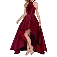 Halter Prom Dresses with Pockets Stain Sleeveless Backless High Low Bridesmaid Dress for Women Burgundy