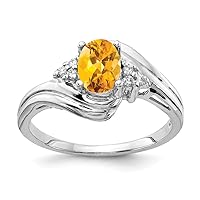 Solid 14k White Gold 7x5mm Oval Citrine Yellow November Gemstone Checker Diamond Engagement Ring (.06 cttw.)