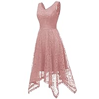 Women's Elegant Floral Lace Sleeveless Irregular Hem Gown Sexy V-Neck Bridesmaid Cocktail Party Formal Swing Dress