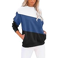 Crew Neck Sweatshirts Women Fall Winter Fashion Color Block Tunic Tops Dressy Casual Long Sleeve Pullover Shirts with Pockets