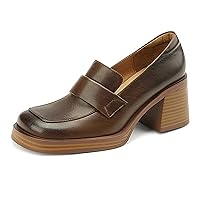 Women's Leather Chunky High Heels Penny Loafers Mid Stacked Heel Square Closed Toe Slip On Dress Uniform Oxfords Vintage Classic Comfortable Work Office Pumps Elegant Party Dress Shoes