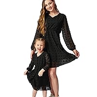 YMING Mommy and Me Matching Chiffon Dresses V Neck Solid Color Dress Long Sleeve Swiss Dot Mini Outfits