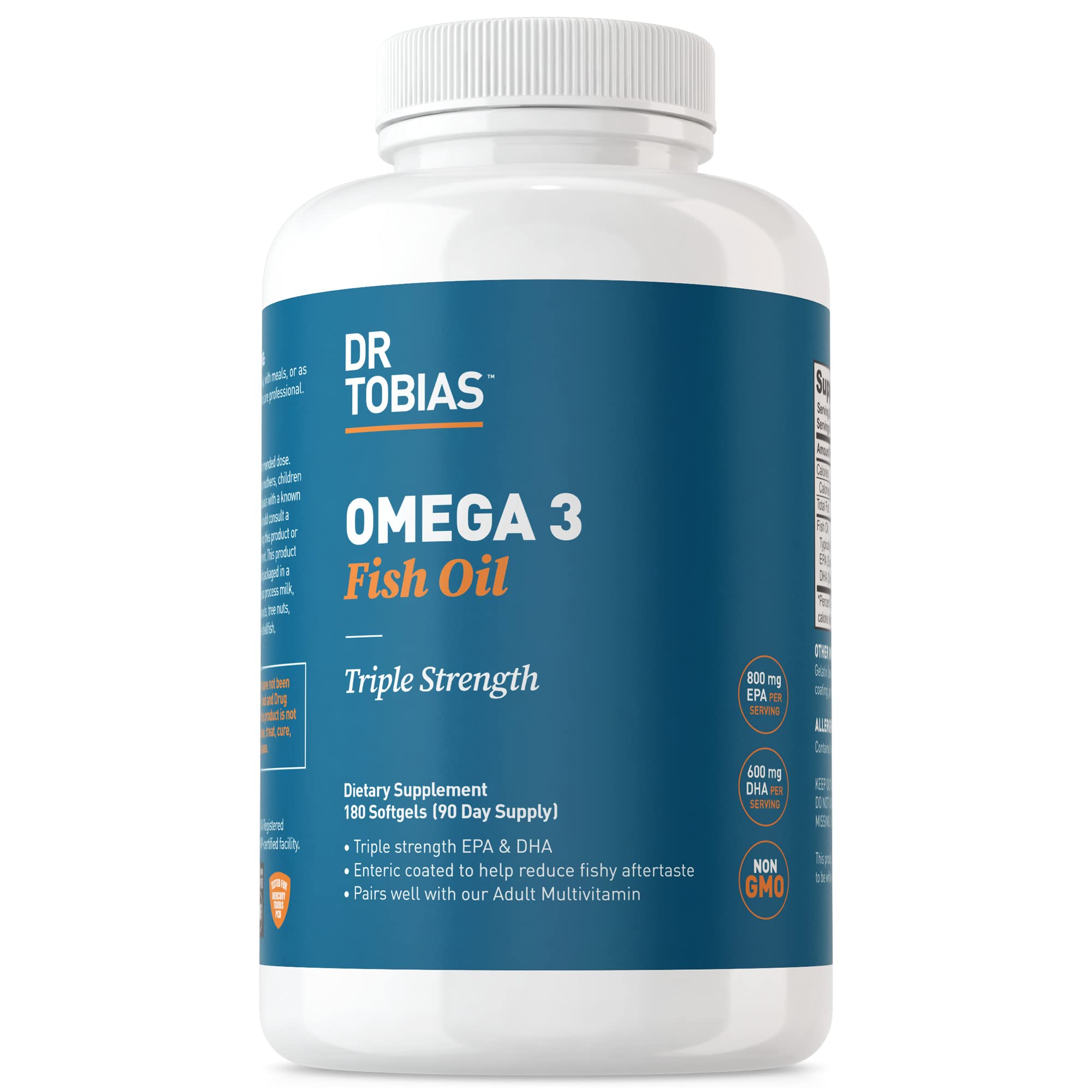 Dr. Tobias Omega 3 Fish Oil, 800 mg EPA 600 mg DHA Omega 3 Supplement for Heart, Brain & Immune Support, Absorbable Triple Strength Fish Oil Supplements - 2000 mg Per Serving, 180 Softgels, 90 Servings